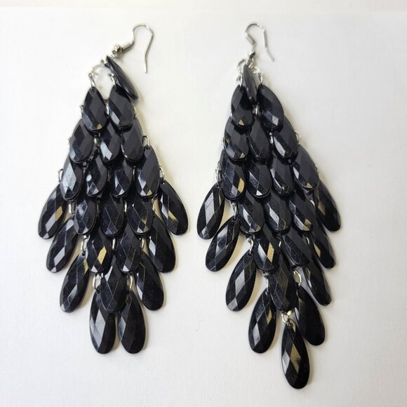 Black Tassel Earrings Long Black Dangle Light Earrings - Picture 3 of 5